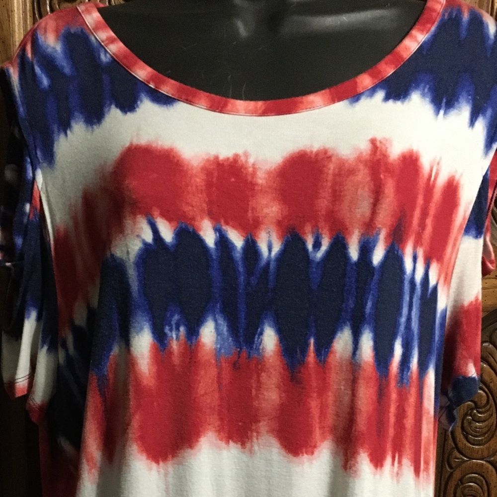 Tie-dyed red white and blue Criss Cross  Cold shoulder shirt.
